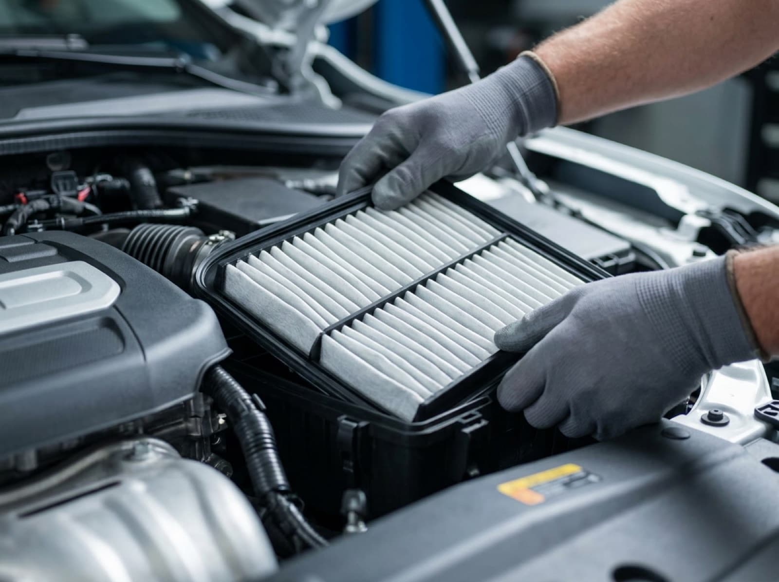 Gloved hands seating a clean engine air filter