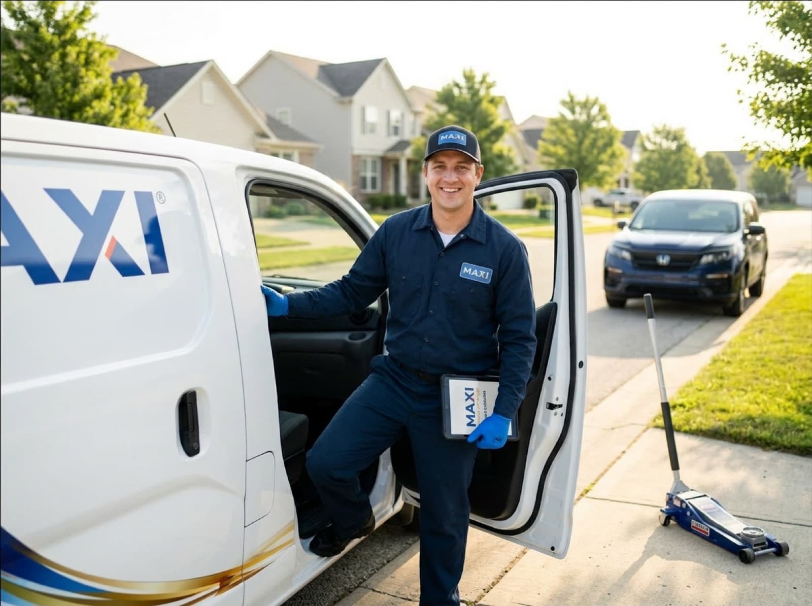 A MAXI Mobile technician stepping out of a branded service van in a customer's driveway