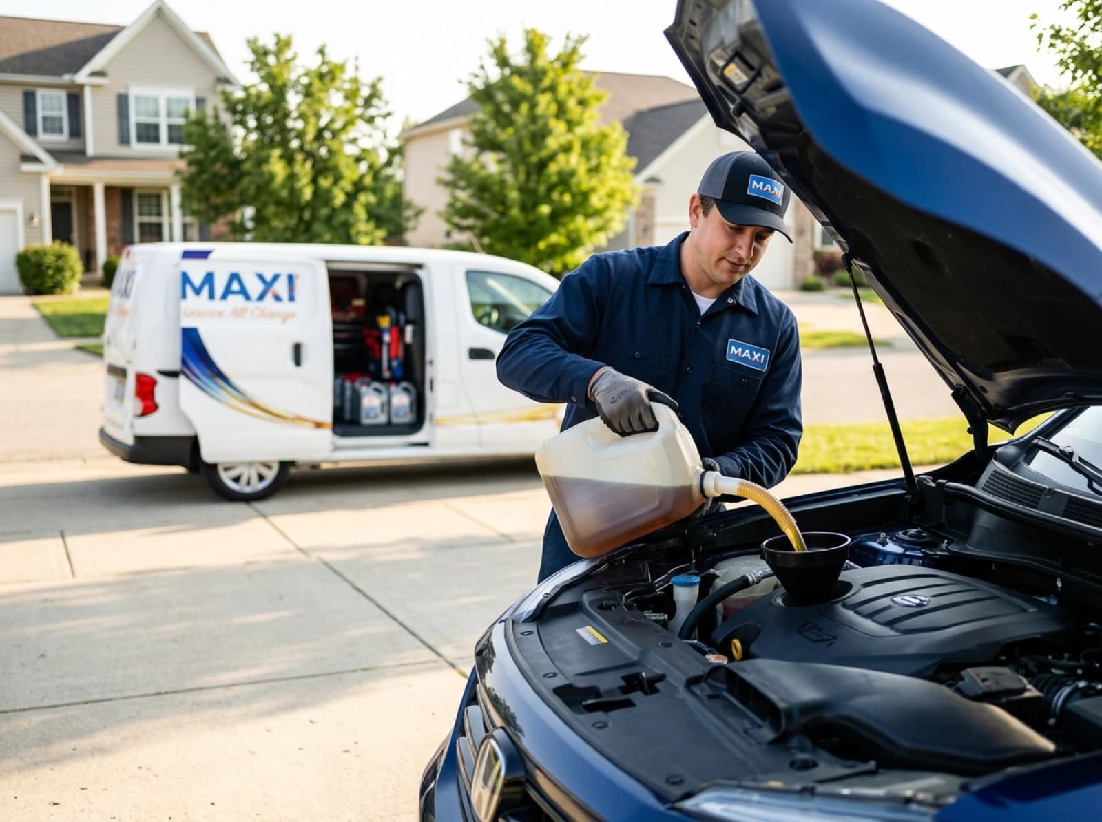 A MAXI technician pouring oil during a driveway service
