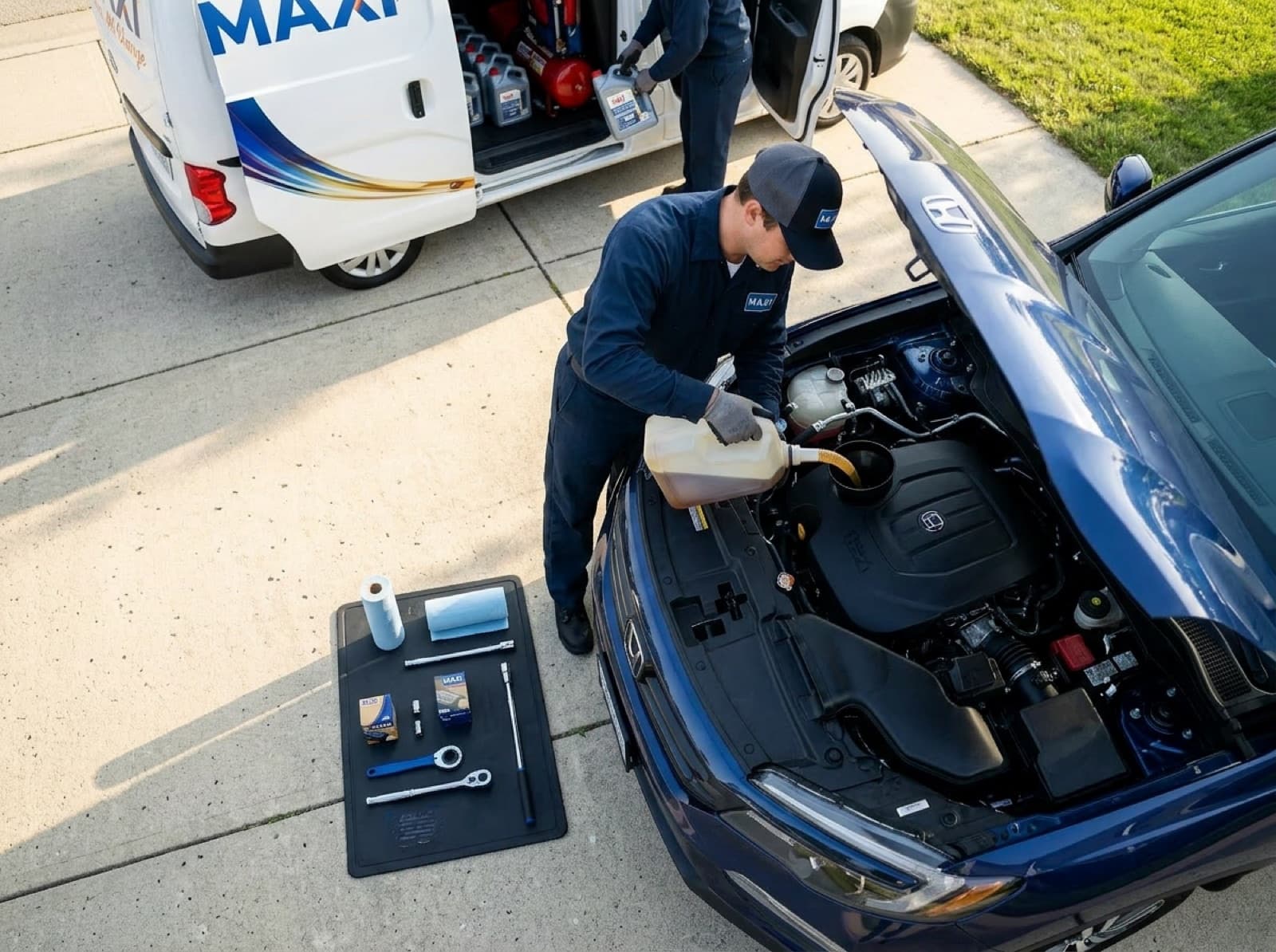 A MAXI technician servicing a car in a driveway with the branded van staged behind