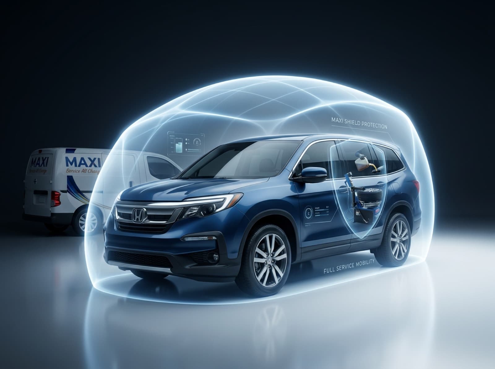MAXI Shield protective coverage visualized around a serviced vehicle